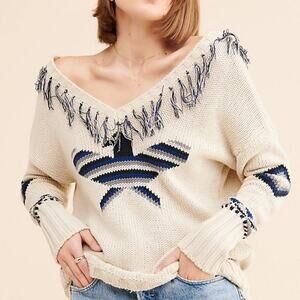 Anthropologie Chaser Eagle Fringe V-Neck Pullover Sweater
